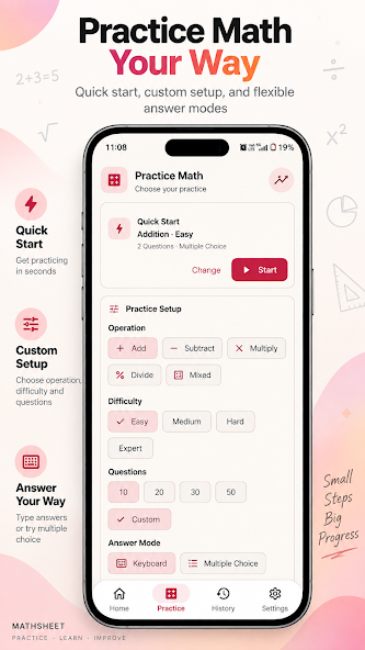 MathSheet practice configuration screen with operations, difficulty, and question count