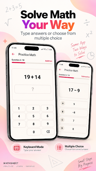 MathSheet dual-mode practice screen showing dedicated numeric keypad alongside multiple choice questions