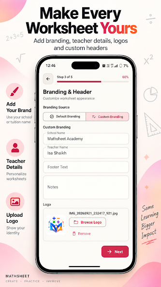 MathSheet header and branding customization screen with custom logo upload