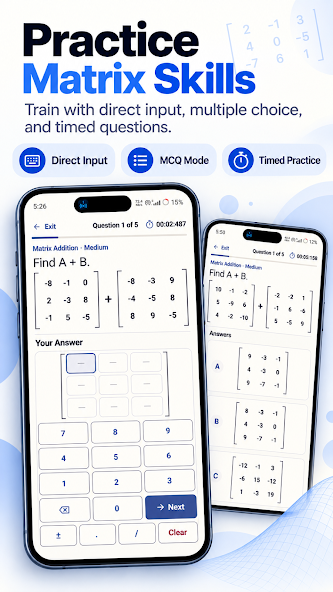 MatrixLab matrix practice screen showing direct keypad entry for matrix addition