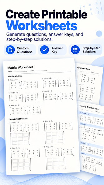 MatrixLab printable matrix worksheet preview showing addition and subtraction problems with answer keys