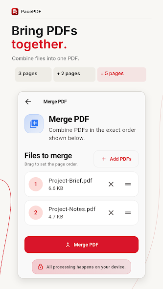 PacePDF merge screen showing documents queued for combination